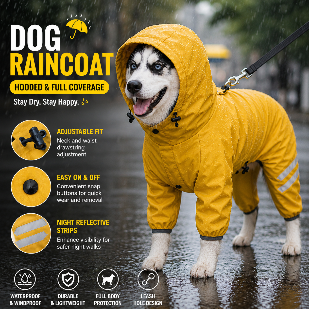 Yellow Waterproof Full Body Dog Raincoat with Adjustable Hood & Waist, Easy Snap Closure and Hidden Leash Opening - Lightweight Four-Leg Reflective Pet Rain Suit for Small Medium Large Dogs, L Size