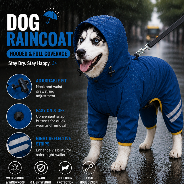 Blue Waterproof Full Body Dog Raincoat with Adjustable Hood & Waist, Easy Snap Closure and Hidden Leash Opening - Lightweight Four-Leg Reflective Pet Rain Suit for Small Medium Large Dogs, L Size