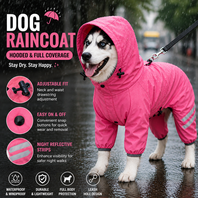 Pink Waterproof Full Body Dog Raincoat with Adjustable Hood & Waist, Easy Snap Closure and Hidden Leash Opening - Lightweight Four-Leg Reflective Pet Rain Suit for Small Medium Large Dogs, XL Size