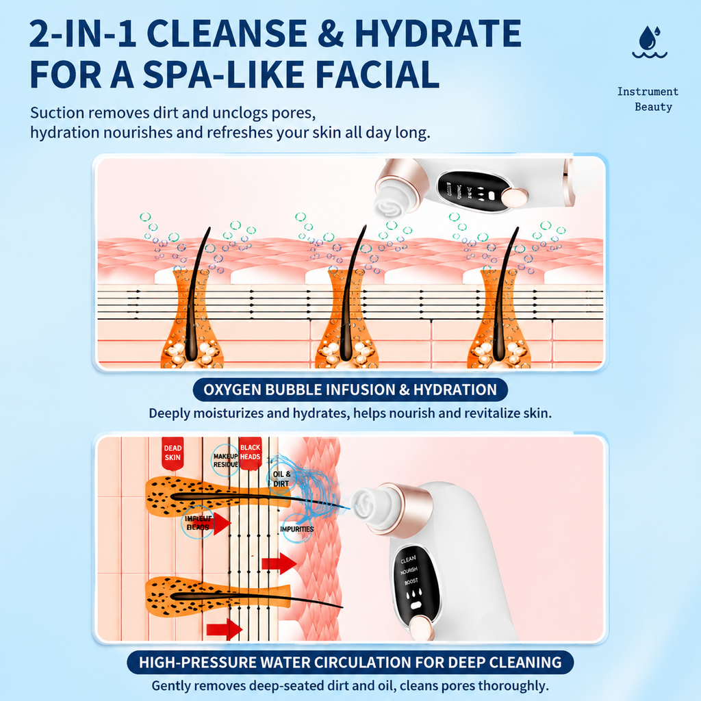 Microbubble Oxygen Hydration Facial Pore Cleanser and Pink Silicone Scalp Massage Scrubber Set with Waste Separation Design, 3 Level Vacumn Suction and 6 Replaceable Heads - Full Body Care Routine for Face Pore Cleaning and Scalp Massage