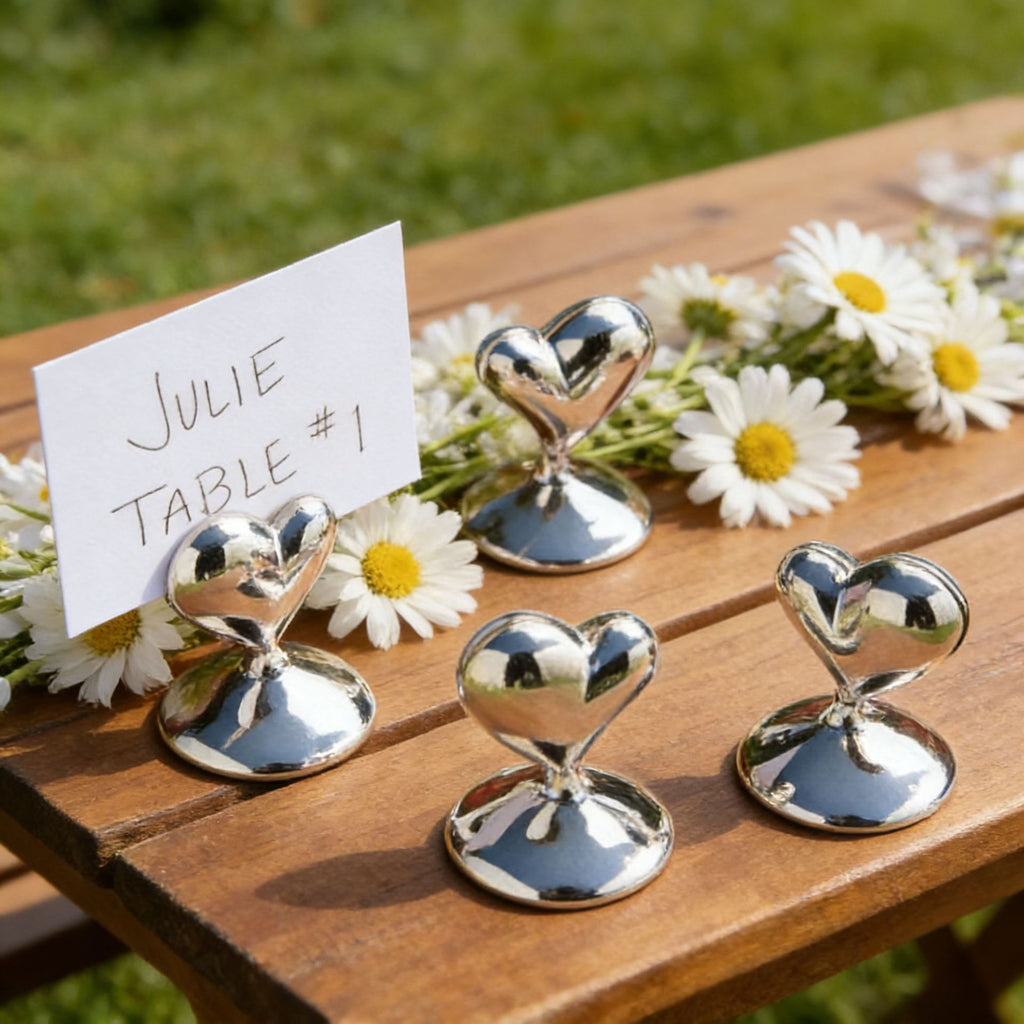 10-Pack Silver Plated Alloy Place Card Holders with LOVE Designs, Elegant Wedding Reception Seating Card Clips for Banquets, Parties and Events