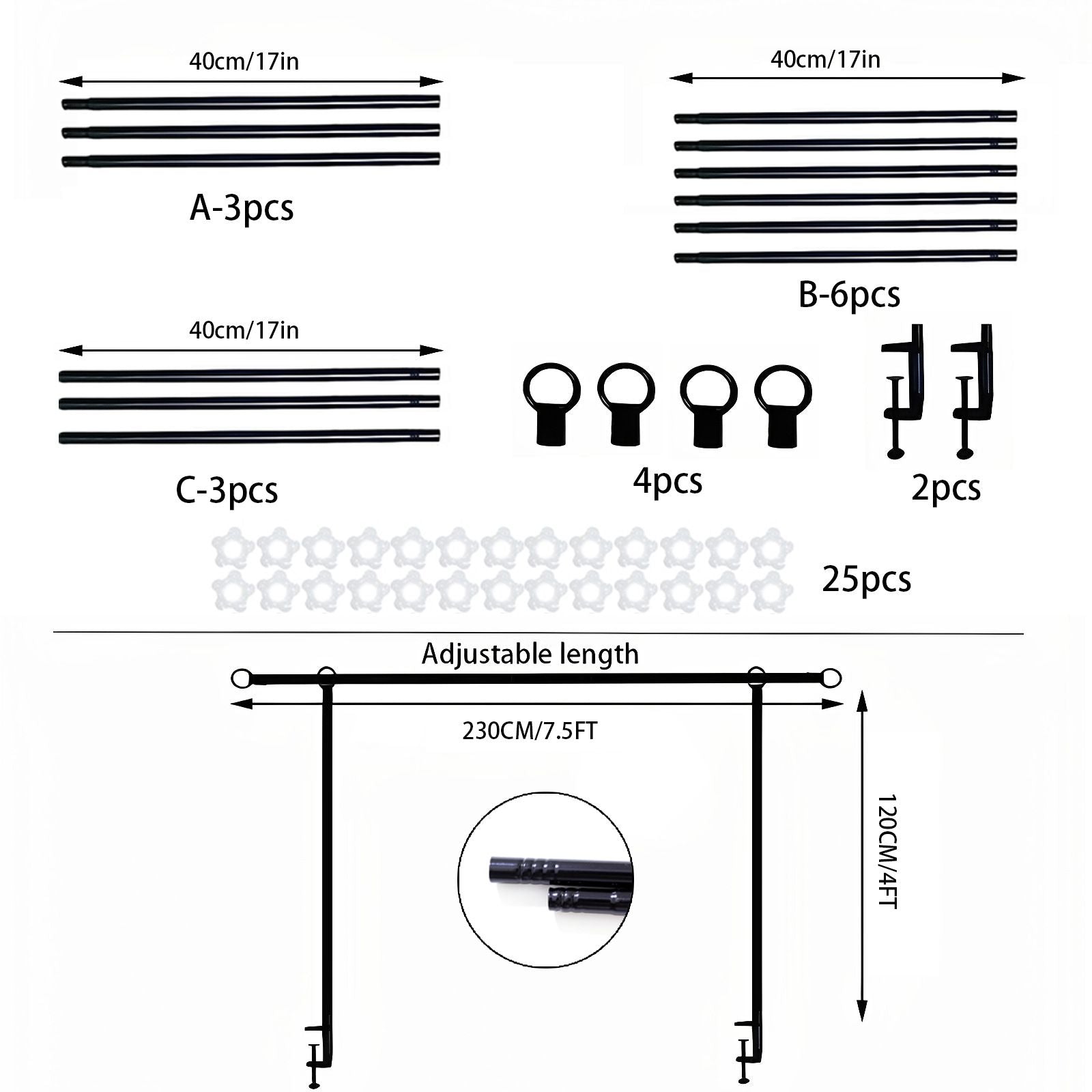 Black Iron Over Table Arch Display Stand with Fixed Clamps and Buckles for Balloons and Decorations, L 120-230cm & H 78-120cm Adjustable Wedding Party Table Rod Backdrop Frame for Birthday, Baby Showers and Celebrations