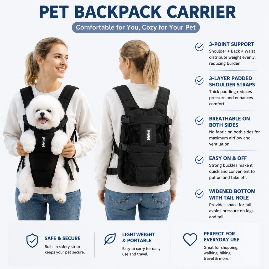 Black Hands Free Adjustable Dog Carrier Backpack with 3-Point Support, Reserved Tail Opening and Wide Padded Straps - Chest & Back Dual Use, Breathable on Both Sides and Quick-release Safety Buckles for Walking Bike Travel Outdoor Use, L Size