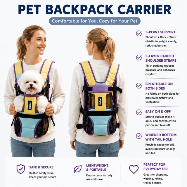 Yellow Purple Hands Free Adjustable Dog Carrier Backpack with 3-Point Support, Reserved Tail Opening and Wide Padded Straps - Chest & Back Dual Use, Breathable on Both Sides and Quick-release Safety Buckles for Walking Bike Travel Outdoor Use, L Size