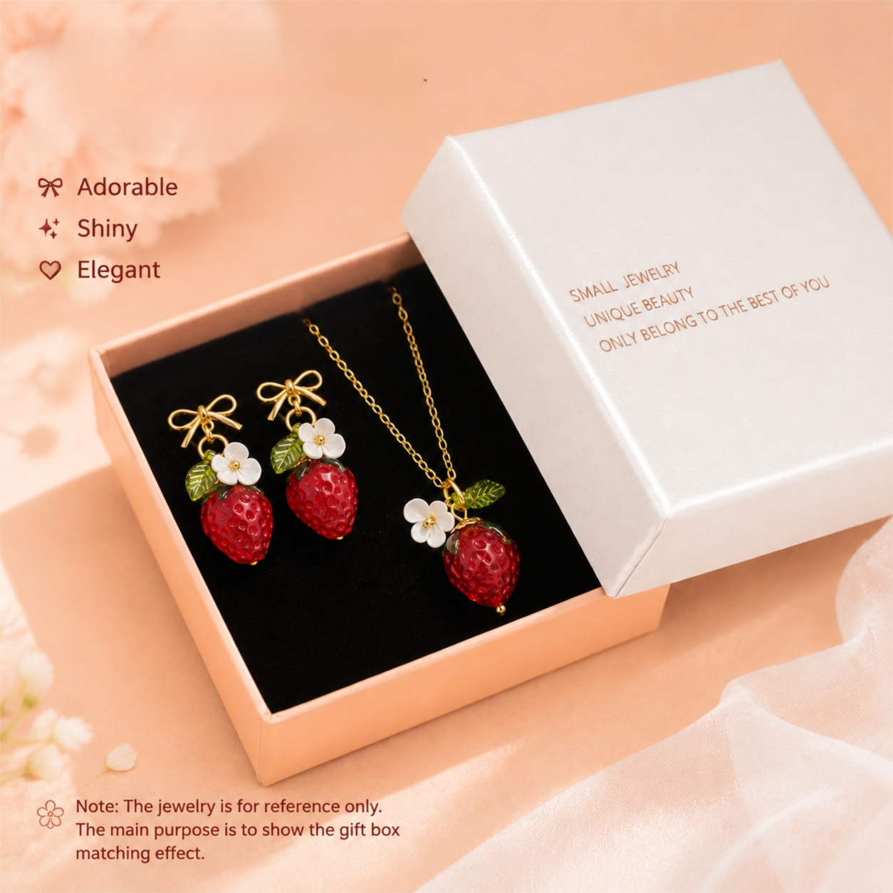 Cute Crystal Strawberry Pendant Jewelry Set for Women with Flower Berries Leaves Design Hoop Earrings and Necklace - Vintage Gold Plated Fruit Charm Accessories Gift Box for Daily Wear, Parties, Dates and Occasions