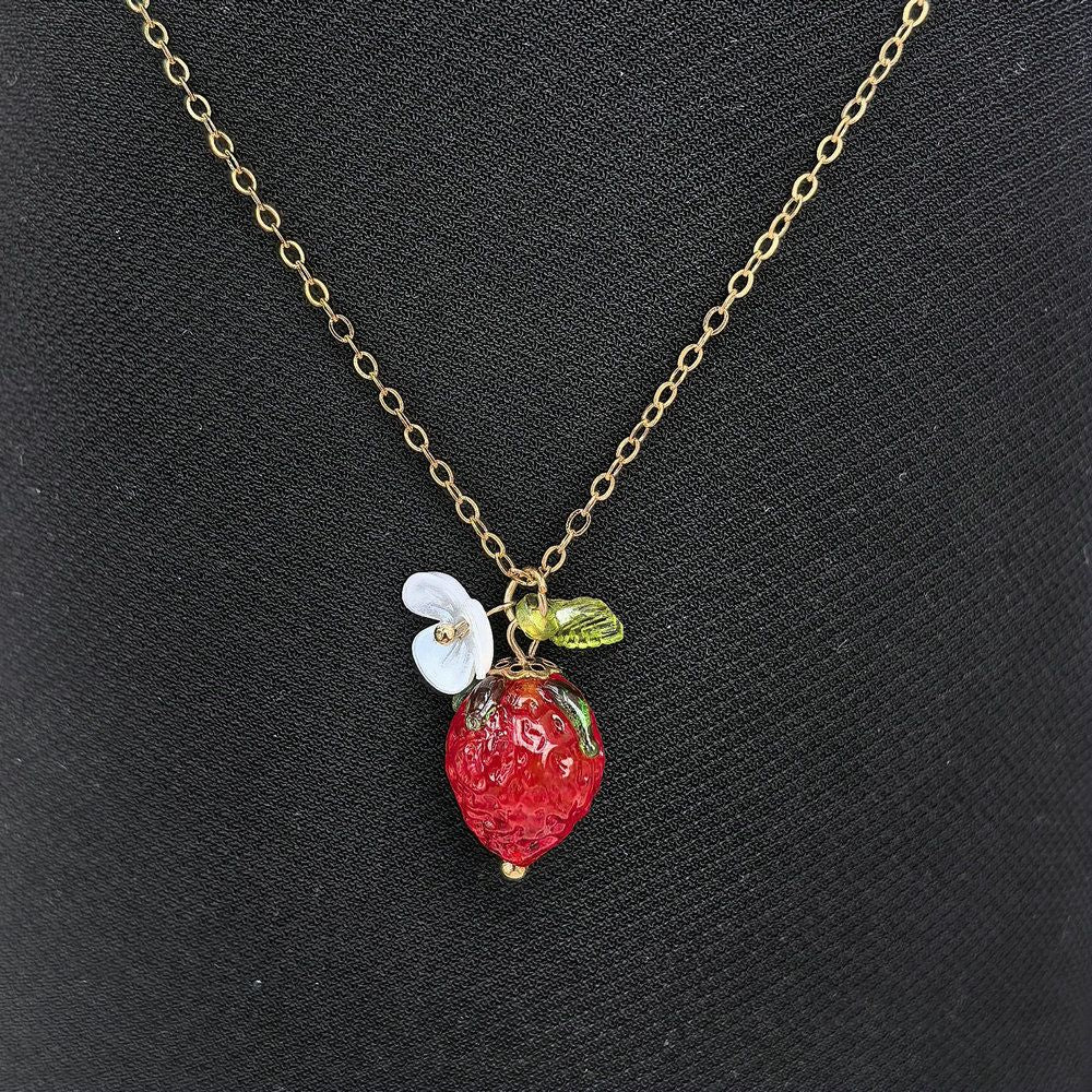 Cute Crystal Strawberry Pendant Jewelry Set for Women with Flower Berries Leaves Design Hook Earrings and Necklace - Vintage Gold Plated Fruit Charm Accessories Gift Box for Daily Wear, Parties, Dates and Occasions
