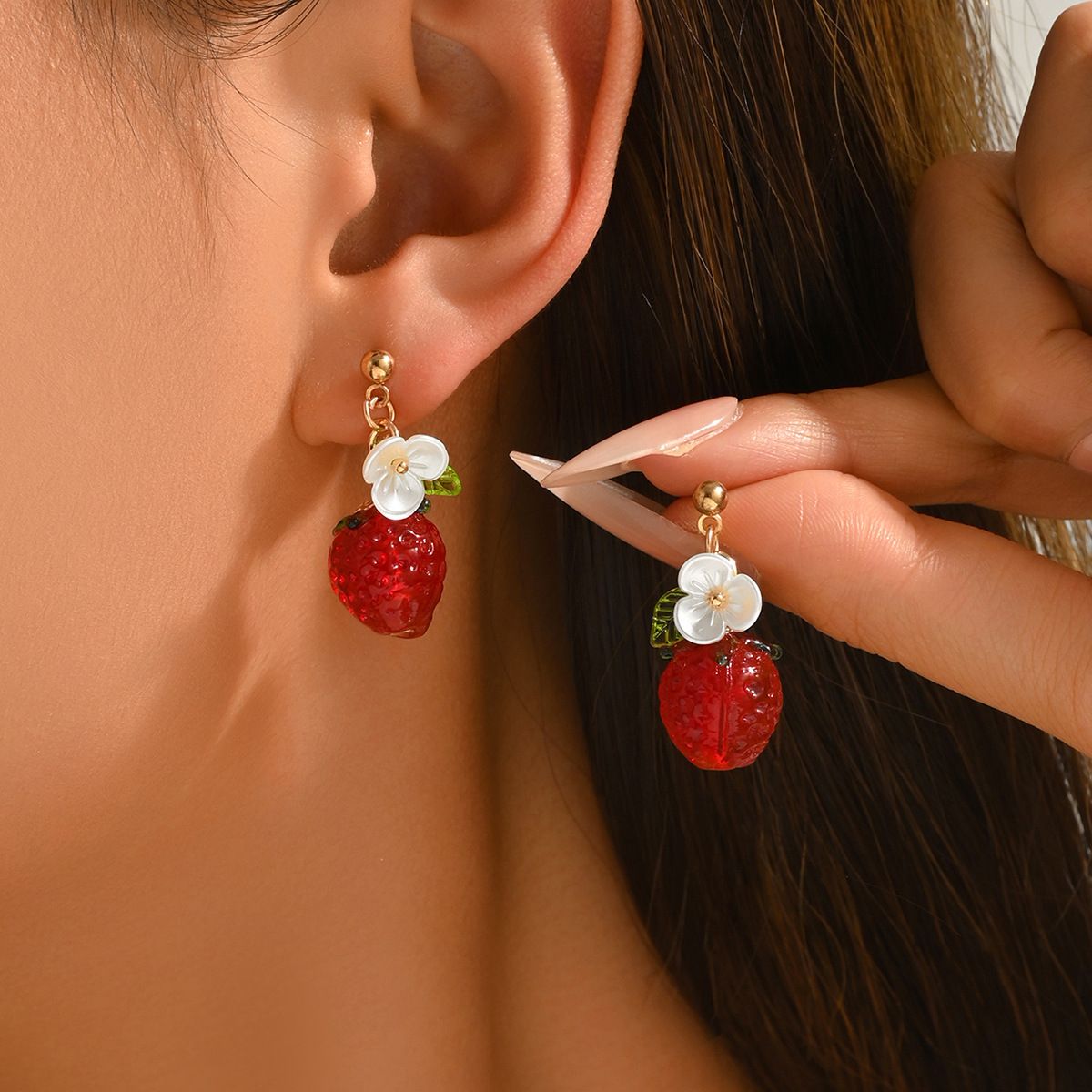 Cute Crystal Strawberry Pendant Jewelry Set for Women with Flower Berries Leaves Design Stud Earrings and Necklace - Vintage Gold Plated Fruit Charm Accessories Gift Box for Daily Wear, Parties, Dates and Occasions