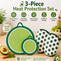 3-Piece Avocado Inspired Kitchen Heat Resistant Set with 18cm & 30cm Round Cotton Rope Woven Trivets + 1 Pair Duckbill Oven Mitt - Foldable Table Protection Mats and Green Polka Dot Cooking Gloves, Perfect for Home Baking and Cooking Lover