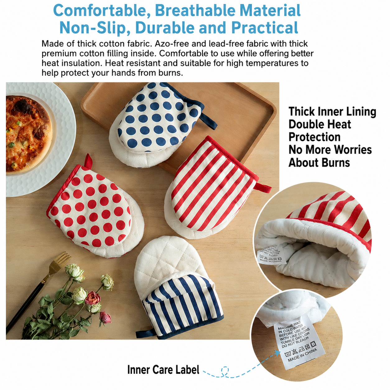 3-Piece Lemon Inspired Kitchen Heat Resistant Set with 18cm & 30cm Round Cotton Rope Woven Trivets + 1 Pair Duckbill Oven Mitt - Foldable Table Protection Mats and Black Polka Dot Cooking Gloves, Perfect for Home Baking and Cooking Lover