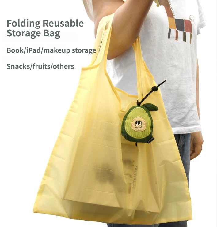 Portable Cute Lemon Corduroy Storage Pouch with Zipper and Hidden Folding Shopping Bag - Lightweight Reusable Eco Grocery Tote Bag with Fruit Charm for Shopping, Travel, Books, iPad and Daily Essentials