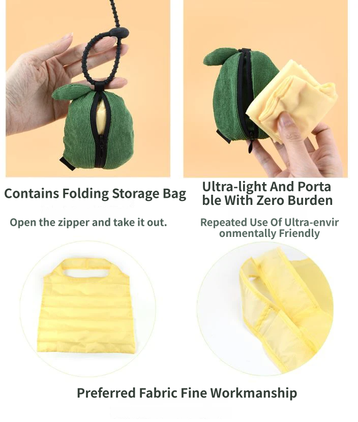 Portable Cute Avocado Corduroy Storage Pouch with Zipper and Hidden Folding Shopping Bag - Lightweight Reusable Eco Grocery Tote Bag with Fruit Charm for Shopping, Travel, Books, iPad and Daily Essentials