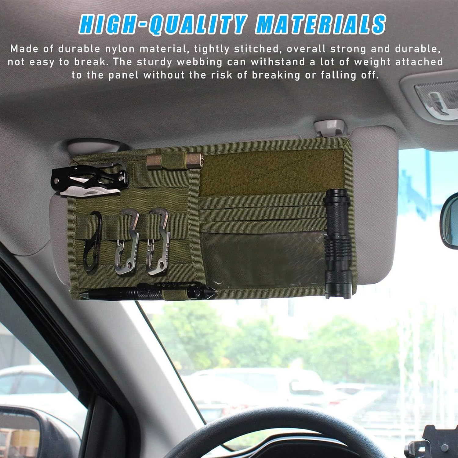 Khaki Tactical Molle Car Sun Visor Organizer – Durable Nylon Vehicle Storage Pouch with Adjustable Buckle, Loop Panelled EDC Pockets and Pen Sheath for Cars, Trucks, SUVs and Daily Driving Essentials