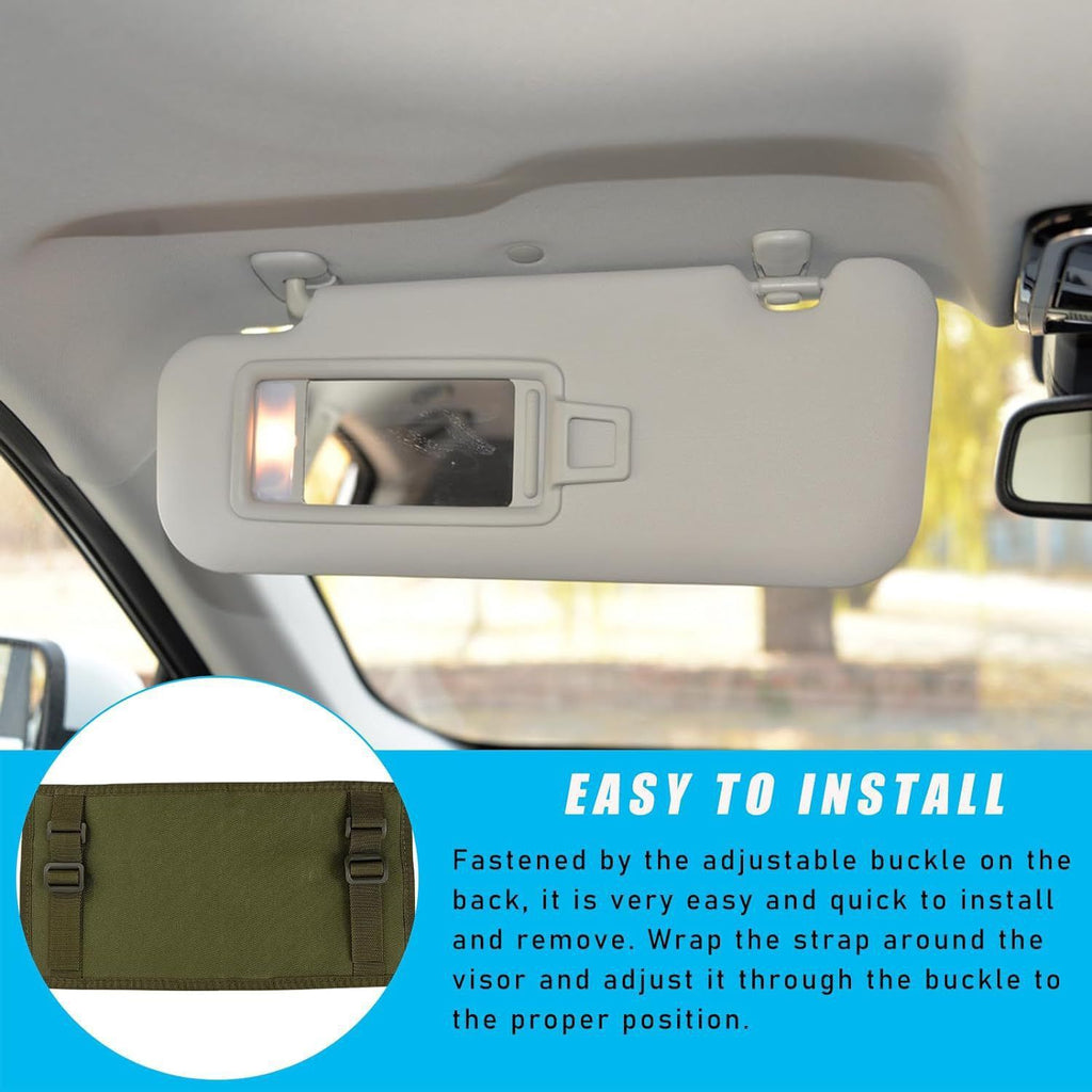Khaki Tactical Molle Car Sun Visor Organizer – Durable Nylon Vehicle Storage Pouch with Adjustable Buckle, Loop Panelled EDC Pockets and Pen Sheath for Cars, Trucks, SUVs and Daily Driving Essentials