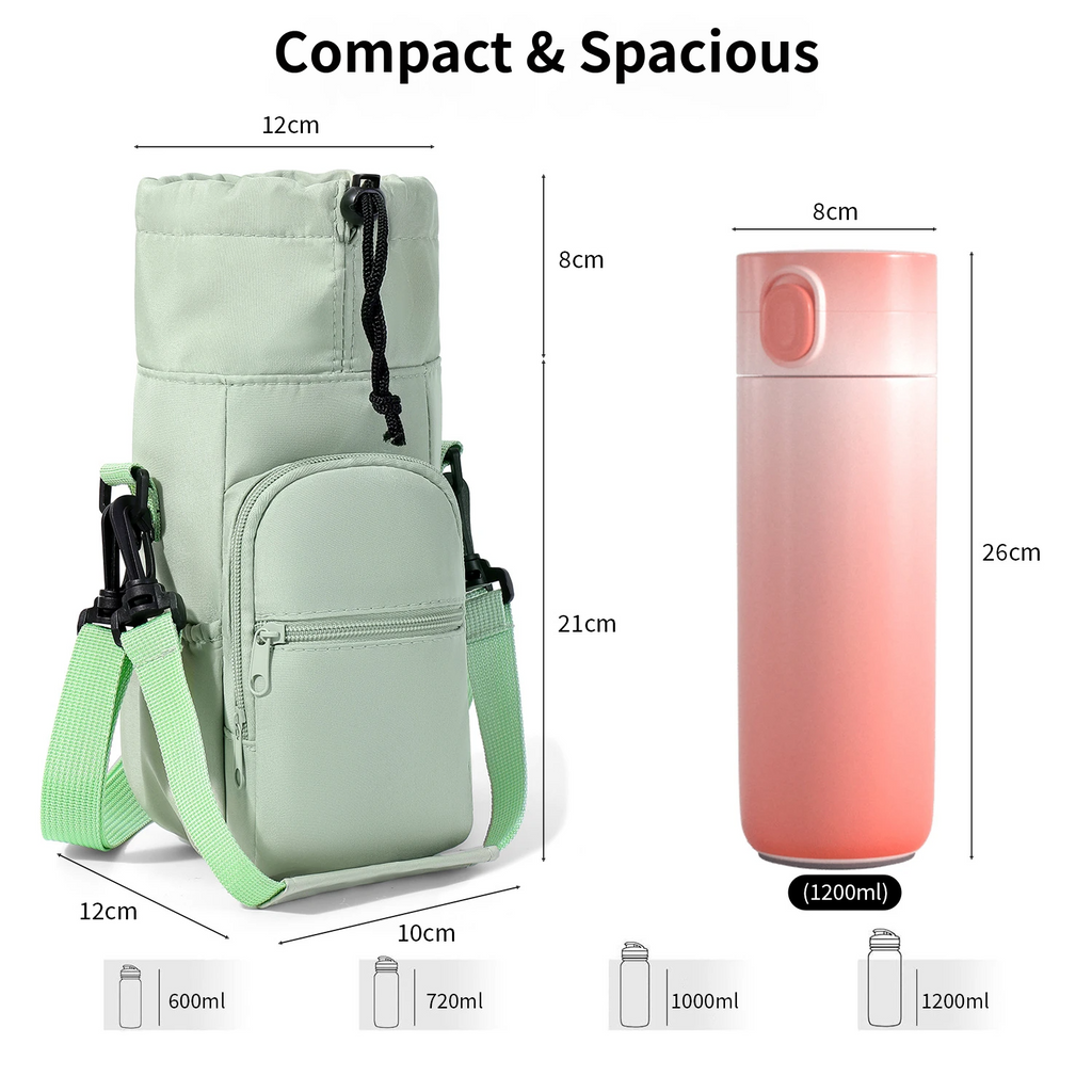 2-Pack Green Muti-Pockets Insulated Water Bottle Holder and Adjustable Phone Crossbody Bag – 40oz Bottle Large Waterproof Cooler Sling Bag with Drawstring Closure and PE Cotton and Aluminium Foil Lining