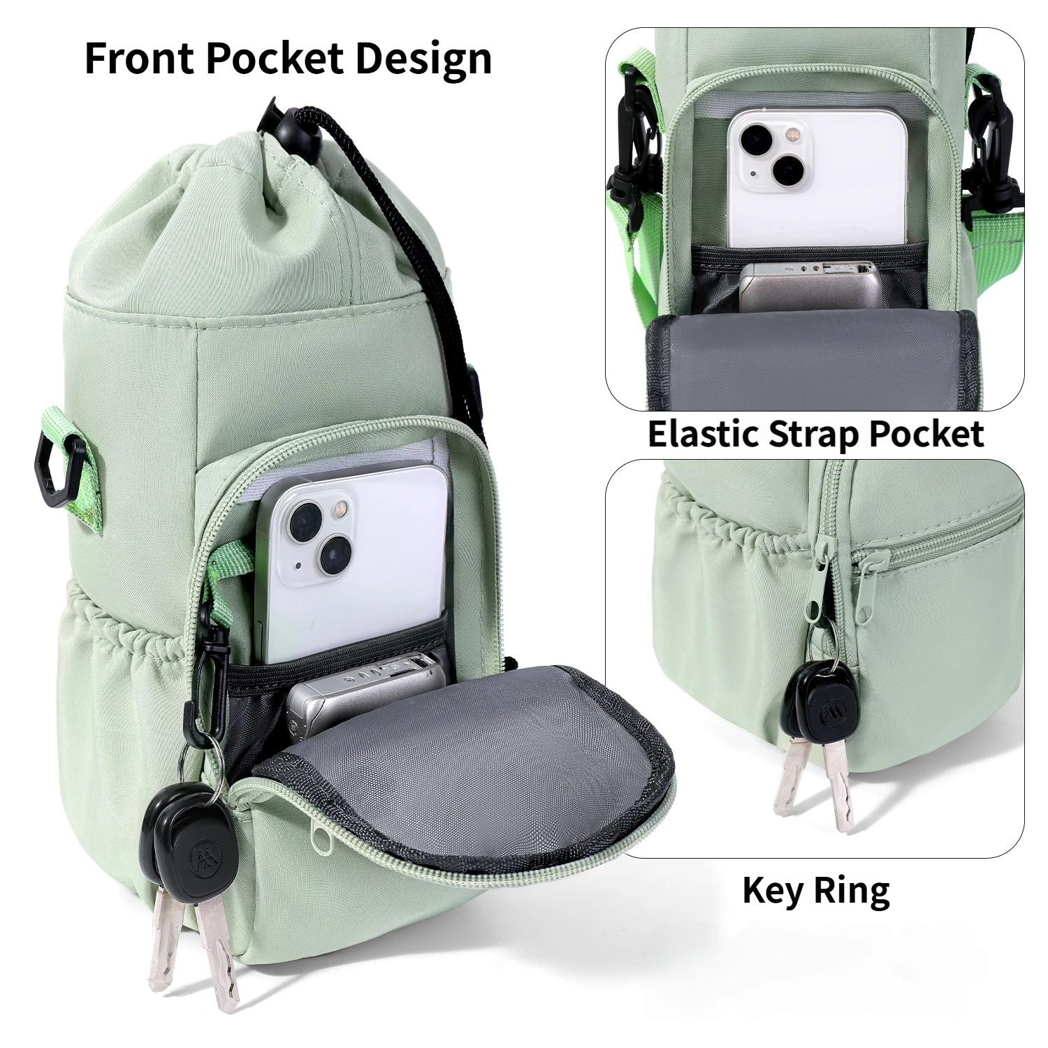 2-Pack Green Muti-Pockets Insulated Water Bottle Holder and Adjustable Phone Crossbody Bag – 40oz Bottle Large Waterproof Cooler Sling Bag with Drawstring Closure and PE Cotton and Aluminium Foil Lining