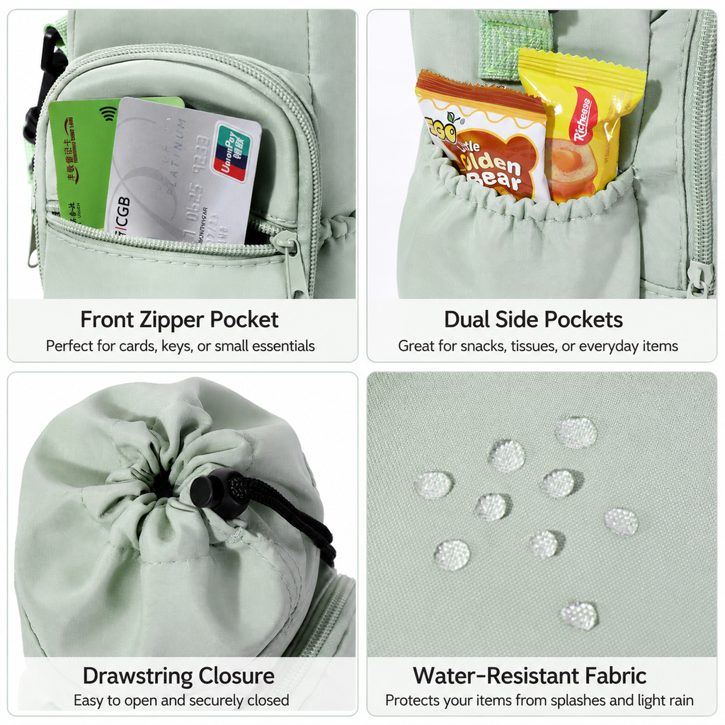 2-Pack Green Muti-Pockets Insulated Water Bottle Holder and Adjustable Phone Crossbody Bag – 40oz Bottle Large Waterproof Cooler Sling Bag with Drawstring Closure and PE Cotton and Aluminium Foil Lining