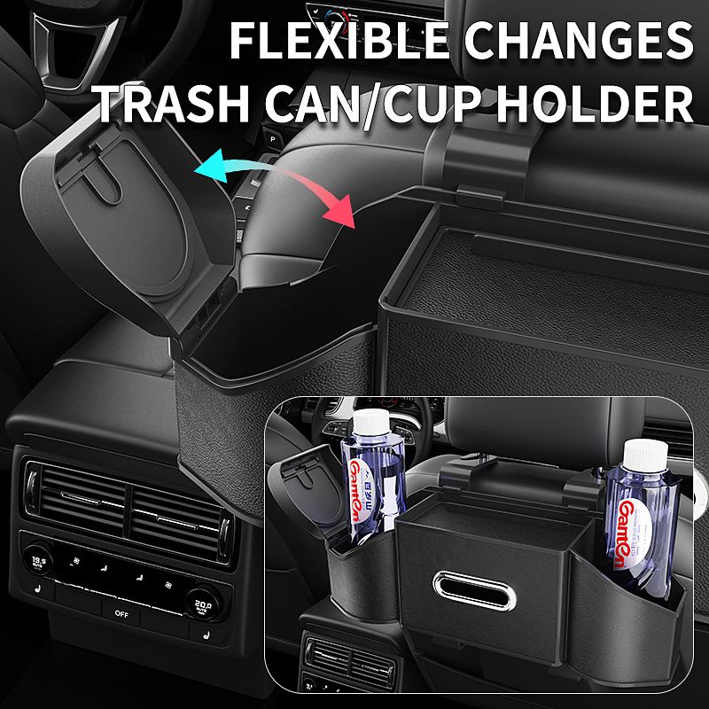 Mocha Brown Multifunctional Car Seat Back Storage Boxand Trash Can – PVC Leather Vehicle Hanging Organizer with Tissue Box Holder, Cup Holder, Phone Stand and Dual Hooks for Tidy Daily Commuting & Road Trip