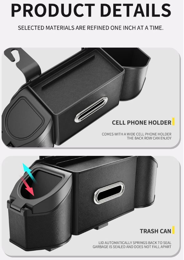 Soothing Gray Multifunctional Car Seat Back Storage Boxand Trash Can – PVC Leather Vehicle Hanging Organizer with Tissue Box Holder, Cup Holder, Phone Stand and Dual Hooks for Tidy Daily Commuting & Road Trip