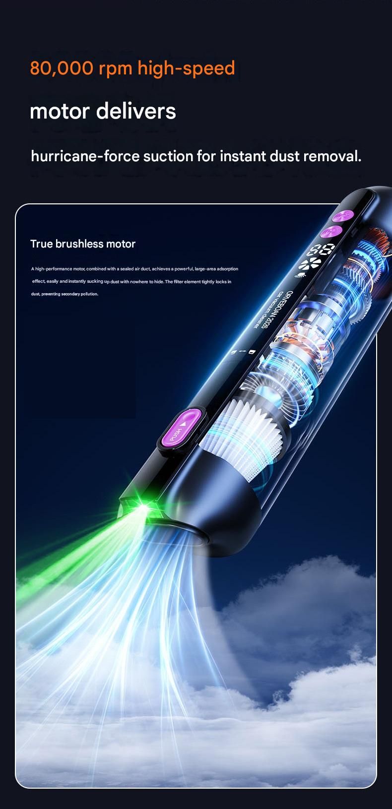 Black Cordless Handheld Vacuum Cleaner - High Suction Portable Car Vacuum with Green Light Dust Display, 100ml Capacity, Type-C Rechargeable for Car Home Pet Use, Compact Design with 4 Nozzle Set