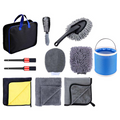 11pc Car Wash Detailing Kit 9L Collapsible Bucket Microfibre Towels Brushes