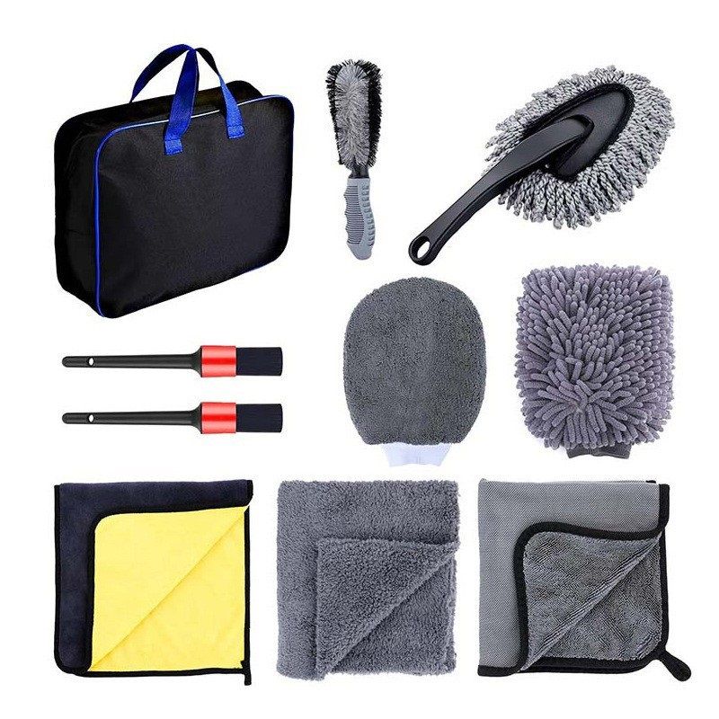 11pc Car Wash Detailing Kit 9L Collapsible Bucket Microfibre Towels Brushes