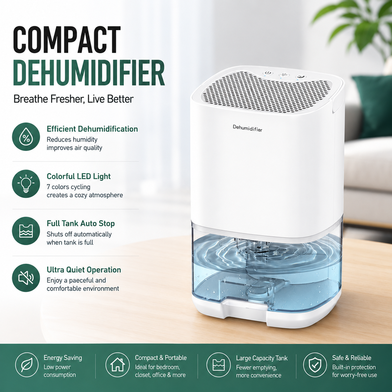 Mini Dehumidifier 1000ml Portable Quiet Moisture Absorber Night Light White
