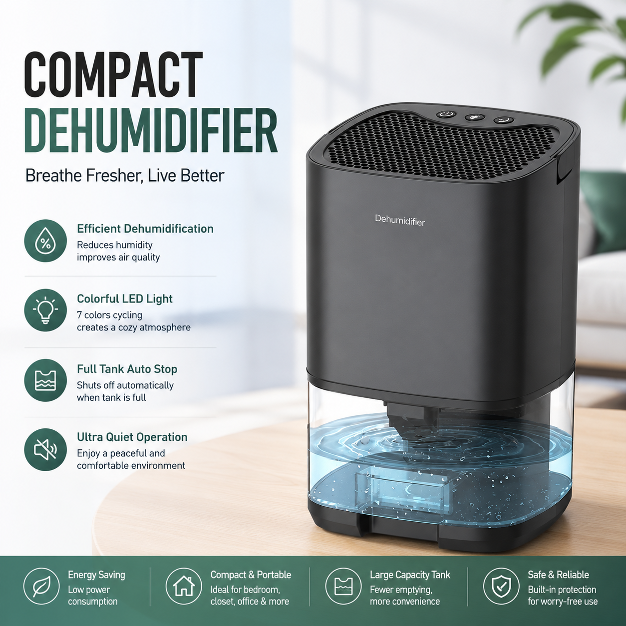 Mini Dehumidifier 1000ml Portable Quiet Moisture Absorber Night Light Black