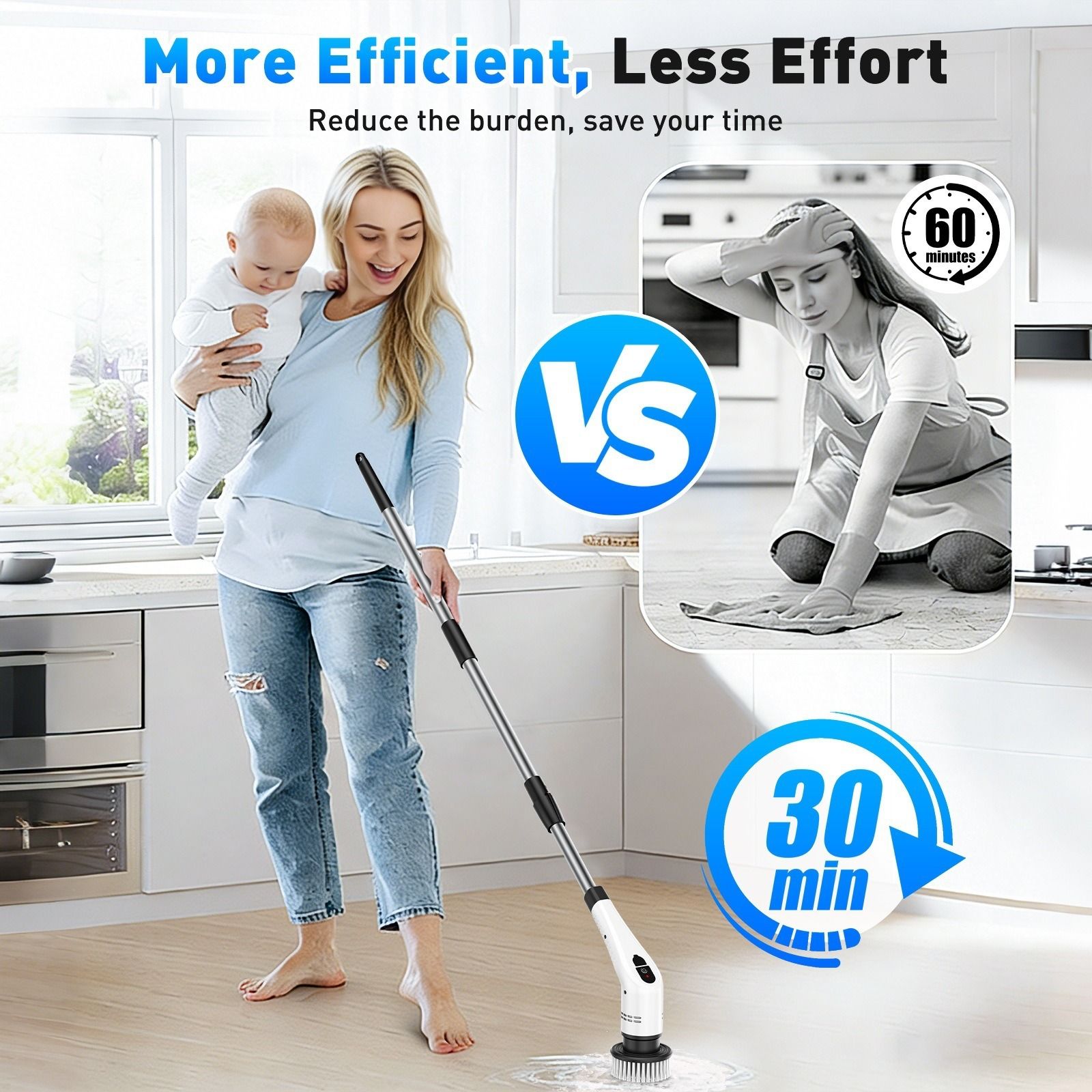 White 9 piece replaceable cleaning brush heads Electric Spin Scrubber with Extendable Handle - Cordless Rechargeable Cleaning Brush for Kitchen, Bathroom and Floors - IPX6 Waterproof, 2-Speed Motor, Long Battery Life