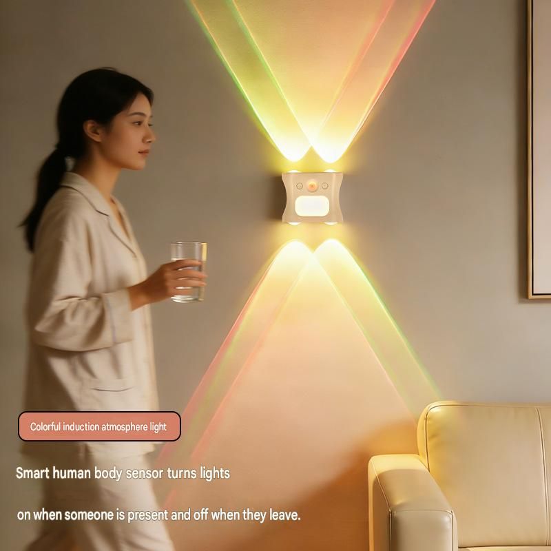 3PCS Smart Home Atmosphere Set – White USB Rechargeable Camera Humidifier & 2pcs White RGB Motion Sensor Wall Light, Magnetic Wireless Night Lamp with Remote Control for Bedroom, Living Room & Office