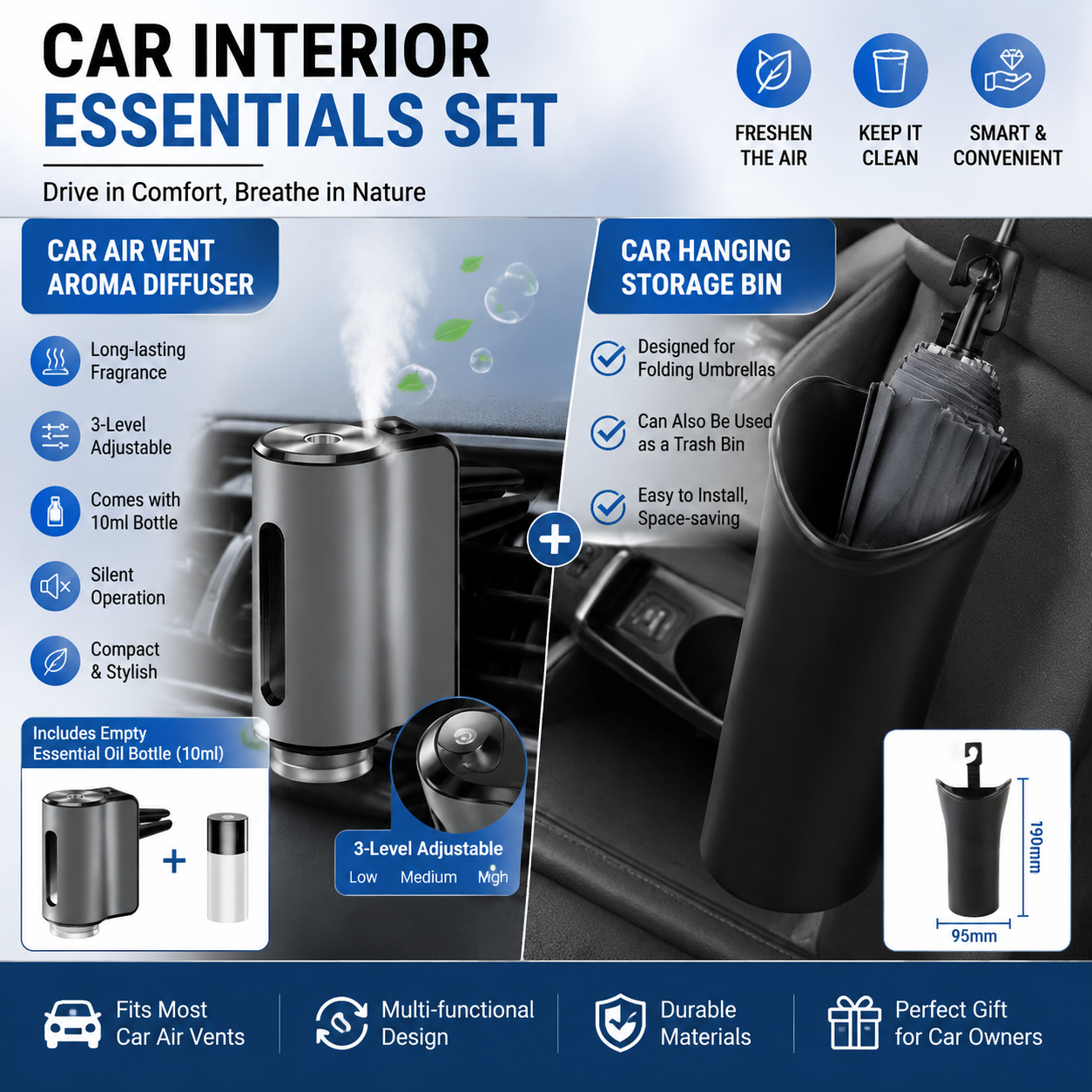 2pc Car Air Vent Aroma Diffuser + Hanging Storage Bin Set Grey