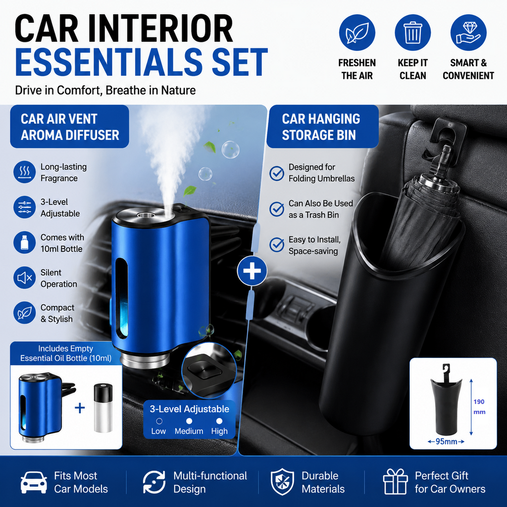 2pc Car Air Vent Aroma Diffuser + Hanging Storage Bin Set Blue