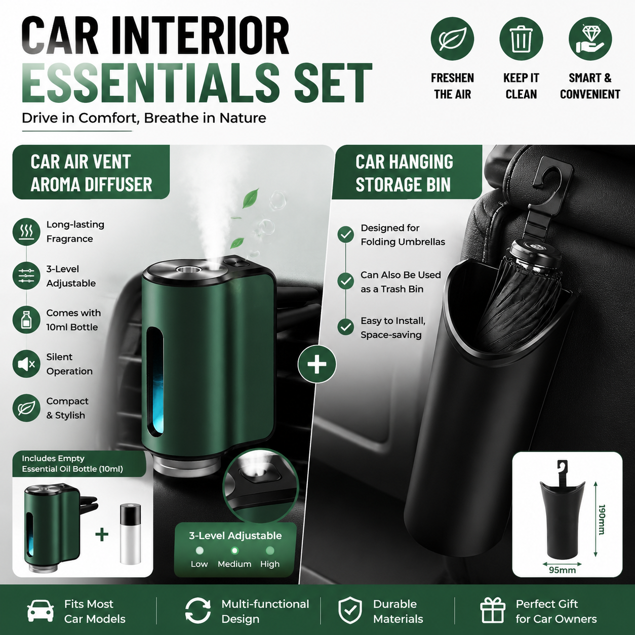 2pc Car Air Vent Aroma Diffuser + Hanging Storage Bin Set Green