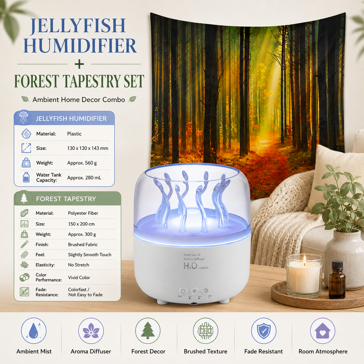 2 piece Cozy Home Duo set -White Jellyfish Humidifier  and 150×200cm Forest Path Tapestry -humidifier featuring multi-color lights and aromatherapy diffusion,Hanging cloth Room Decor Brushed No-Stretch Fade Resistant Nature Decor with Installation Kit