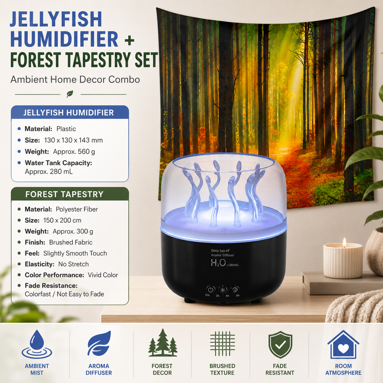 2 piece Cozy Home Duo set -Black Jellyfish Humidifier  and 150×200cm Forest Path Tapestry -humidifier featuring multi-color lights and aromatherapy diffusion,Hanging cloth Room Decor Brushed No-Stretch Fade Resistant Nature Decor with Installation Kit