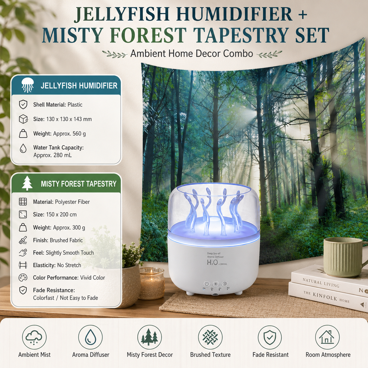 2 piece Cozy Home Duo set -White Jellyfish Humidifier  and 150×200cm Misty Forest Tapestry -humidifier featuring multi-color lights and aromatherapy diffusion,Hanging cloth Room Decor Brushed No-Stretch Fade Resistant Nature Decor with Installation Kit