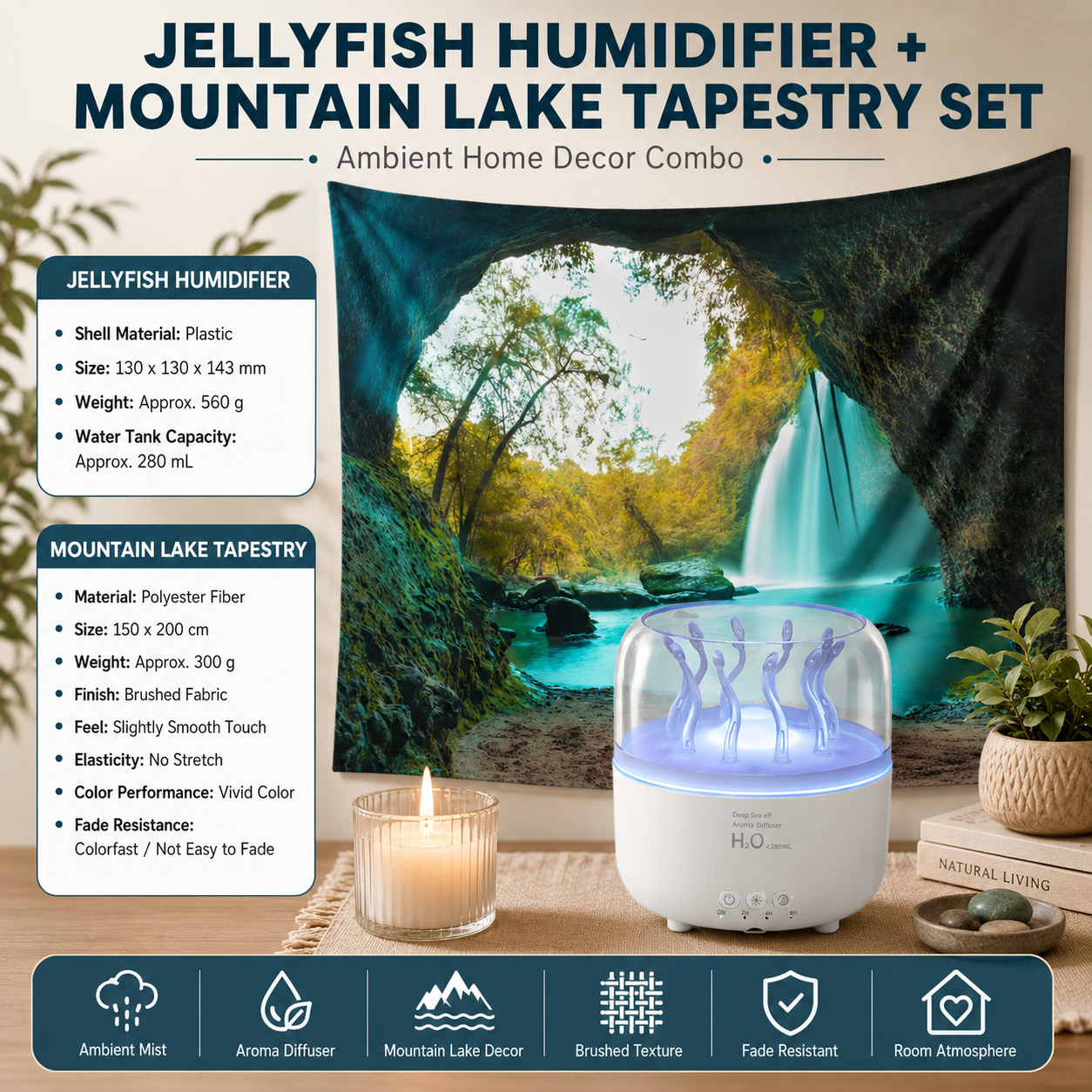 2 piece Cozy Home Duo set -White Jellyfish Humidifier  and 150×200cm Mountain Lake Tapestry -humidifier featuring multi-color lights and aromatherapy diffusion,Hanging cloth Room Decor Brushed No-Stretch Fade Resistant Nature Decor with Installation Kit