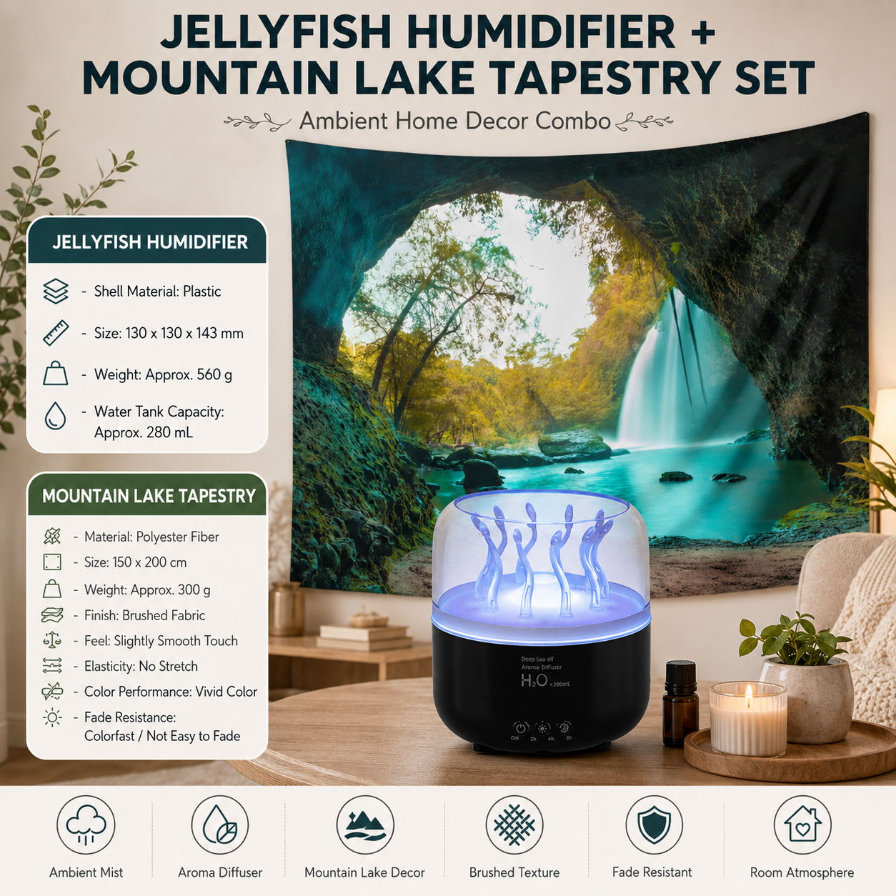 2 piece Cozy Home Duo set -Black Jellyfish Humidifier  and 150×200cm Mountain Lake Tapestry -humidifier featuring multi-color lights and aromatherapy diffusion,Hanging cloth Room Decor Brushed No-Stretch Fade Resistant Nature Decor with Installation Kit