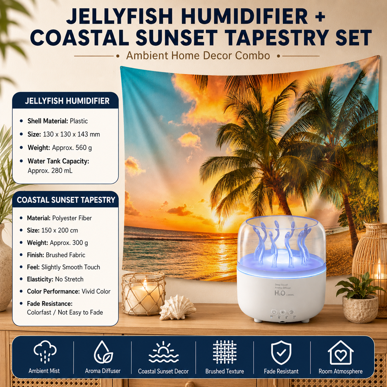 2 piece Cozy Home Duo set -White Jellyfish Humidifier  and 150×200cm Coastal Sunset Tapestry -humidifier featuring multi-color lights and aromatherapy diffusion,Hanging cloth Room Decor Brushed No-Stretch Fade Resistant Nature Decor with Installation Kit