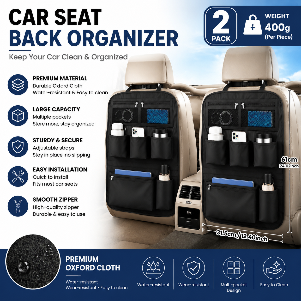 2x Car Seat Back Organiser Multi Pocket Water Resistant Oxford Black