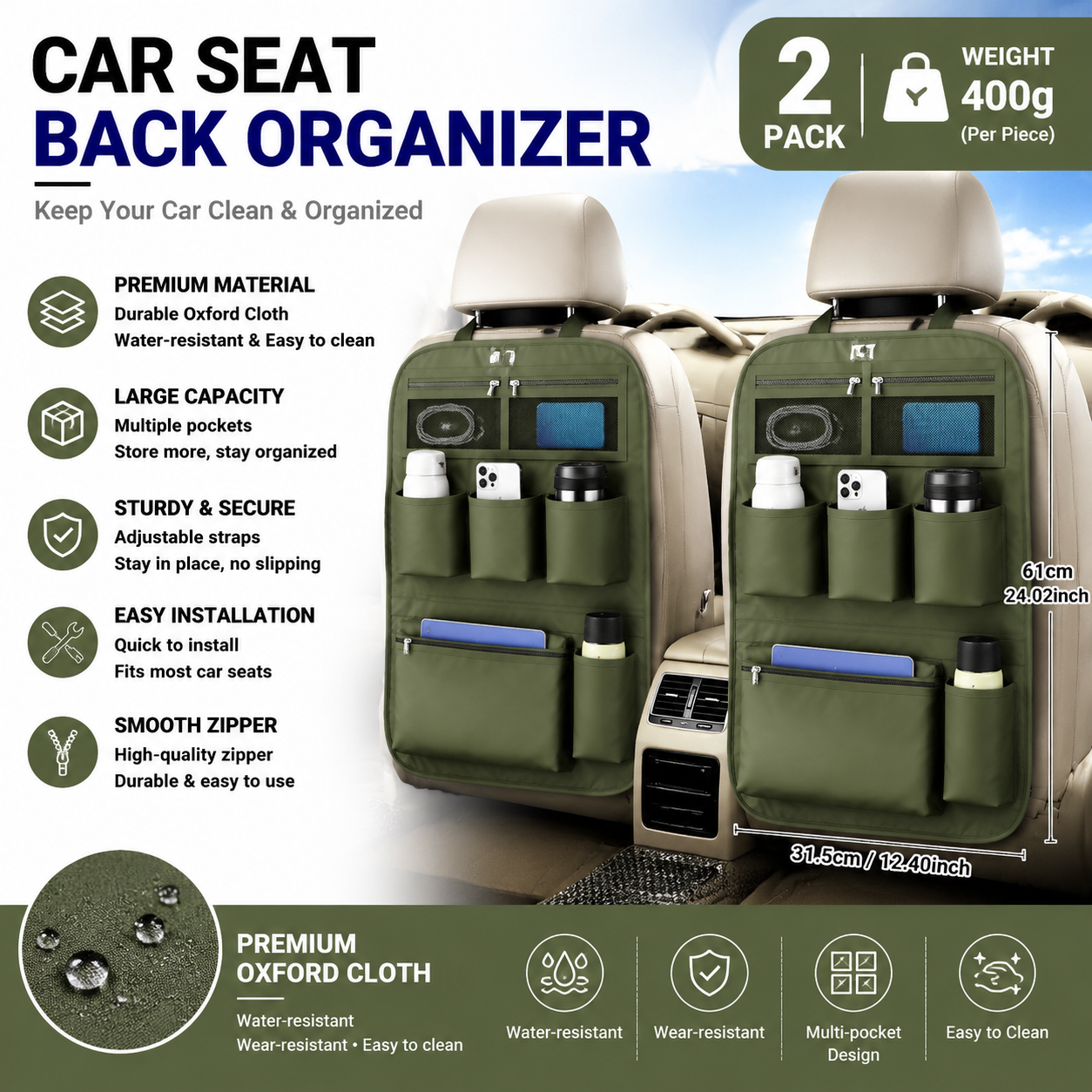 2x Car Seat Back Organiser Multi Pocket Water Resistant Oxford Green