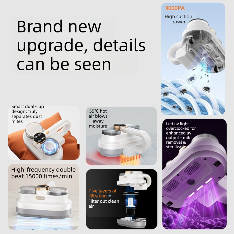 White Handheld Cordless Dust Mite Vacuum Cleaner Includes 3 filter cartridges LED Sanitizing Mattress Cleaner Dual Cup Separation Strong Suction 9000Pa Anti Allergen Home Winter Deep Cleaning Clean Portable