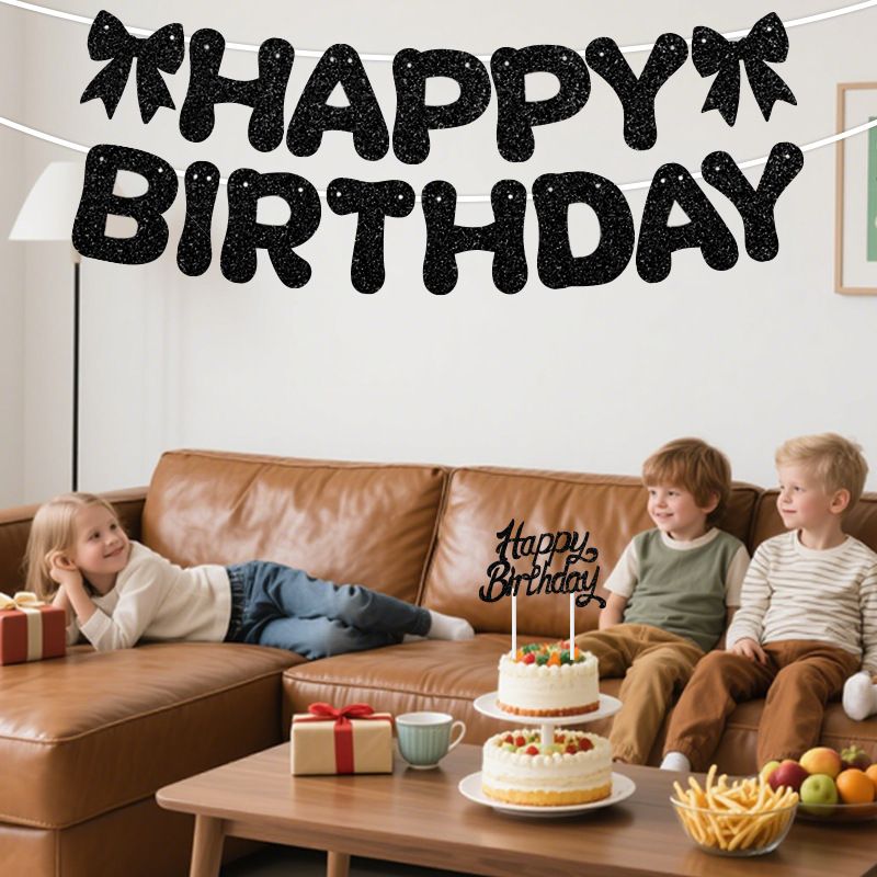 Golden Glitter Happy Birthday Banner and Cake Topper Set - Bow Decoration Birthday Party , Hanging Bunting with Sticks and Tape for Home Celebration