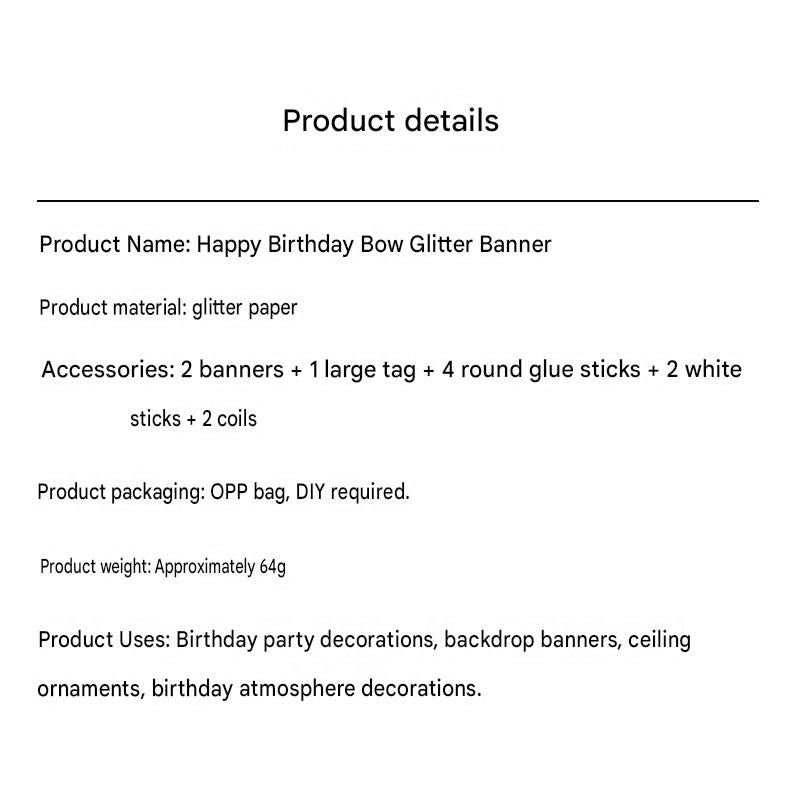 Black Glitter Happy Birthday Banner and Cake Topper Set - Bow Decoration Birthday Party , Hanging Bunting with Sticks and Tape for Home Celebration