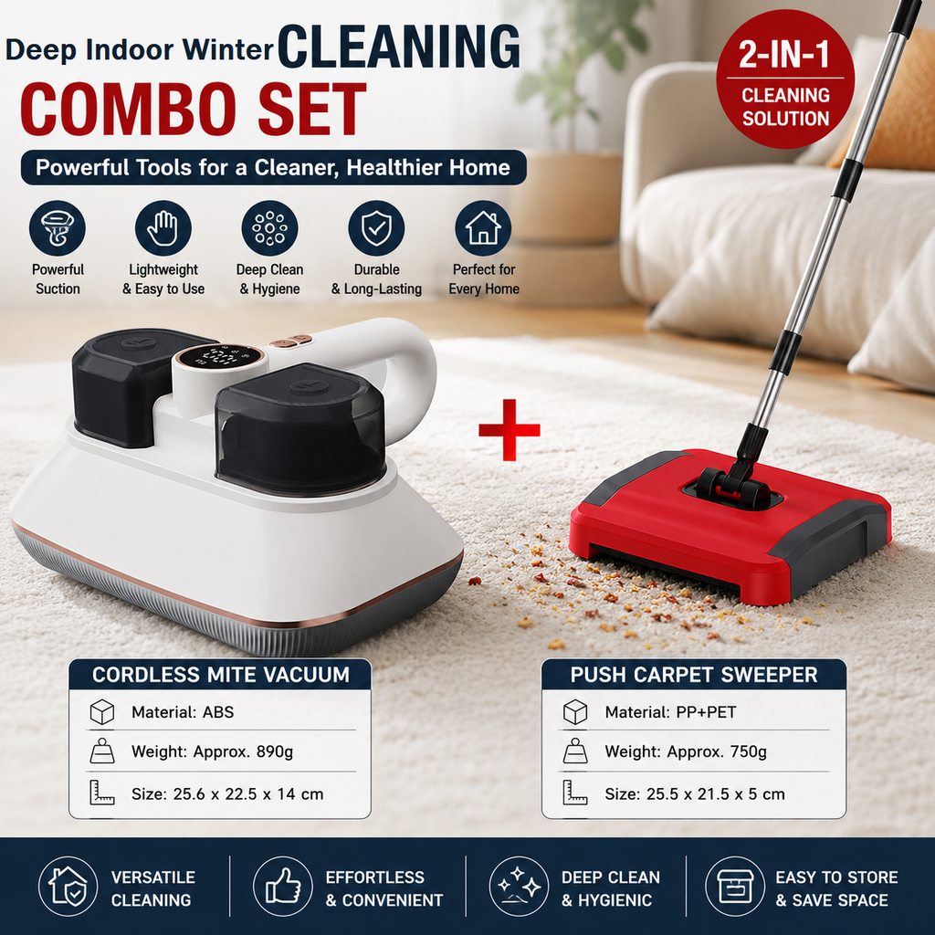 White Wireless Handheld Mite Remover and Red Manual Carpet Sweeper Combo - Dual Cup Strong Suction UV Sterilization High Frequency Tapping Portable Bed Sofa Cleaner with Triple Roller Brush carpet Push Broom for Pet Hair and small fragments
