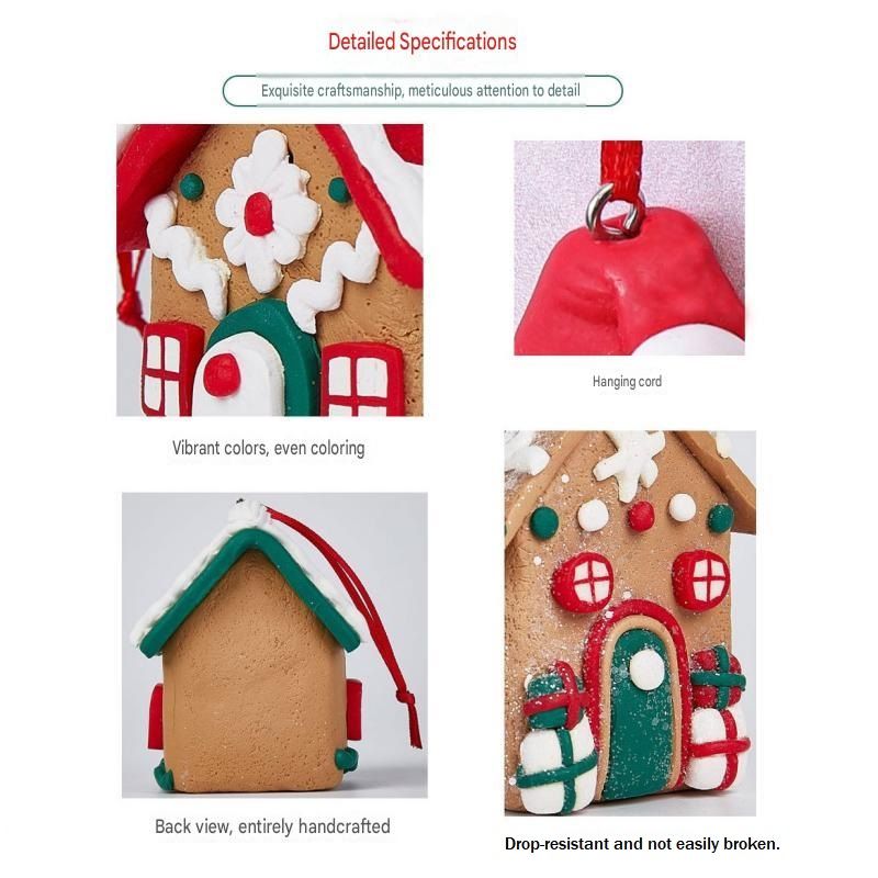 Double-crutch model Gingerbread House Christmas Tree Ornament - Made of polymer clay with snowflake details, perfect for Christmas decorations, suitable for home and window displays