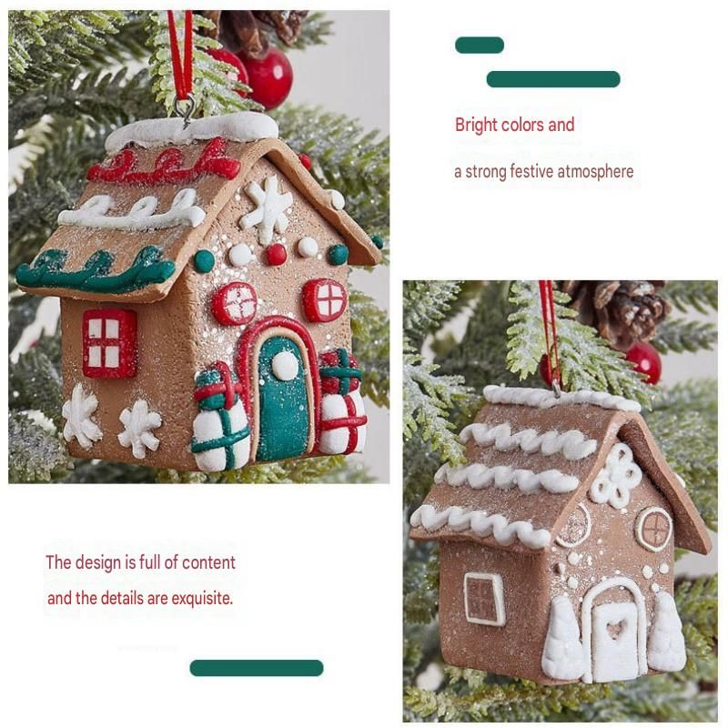 Green Door Style Gingerbread House Christmas Tree Ornament - Made of polymer clay with snowflake details, perfect for Christmas decorations, suitable for home and window displays