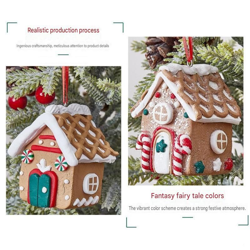 Red Heart Design Gingerbread House Christmas Tree Ornament - Made of polymer clay with snowflake details, perfect for Christmas decorations, suitable for home and window displays