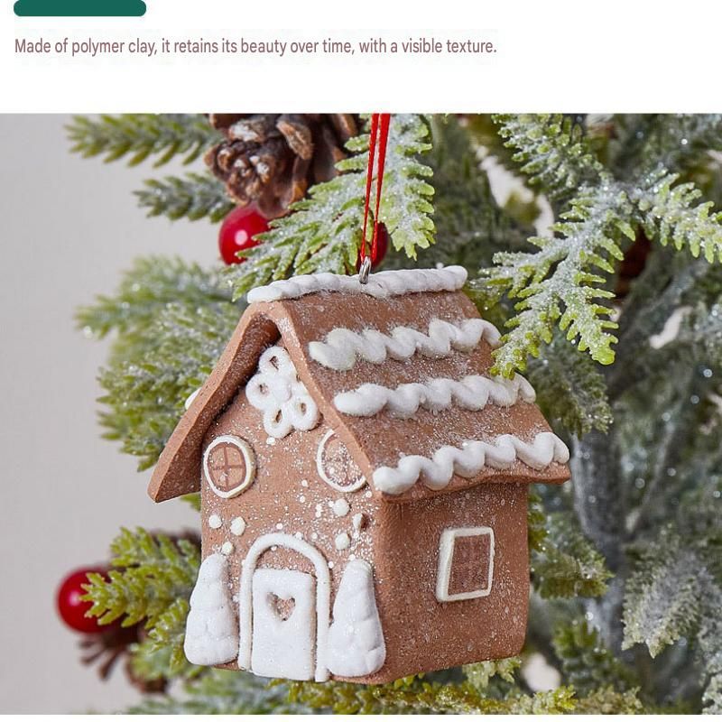 Red Heart Design Gingerbread House Christmas Tree Ornament - Made of polymer clay with snowflake details, perfect for Christmas decorations, suitable for home and window displays