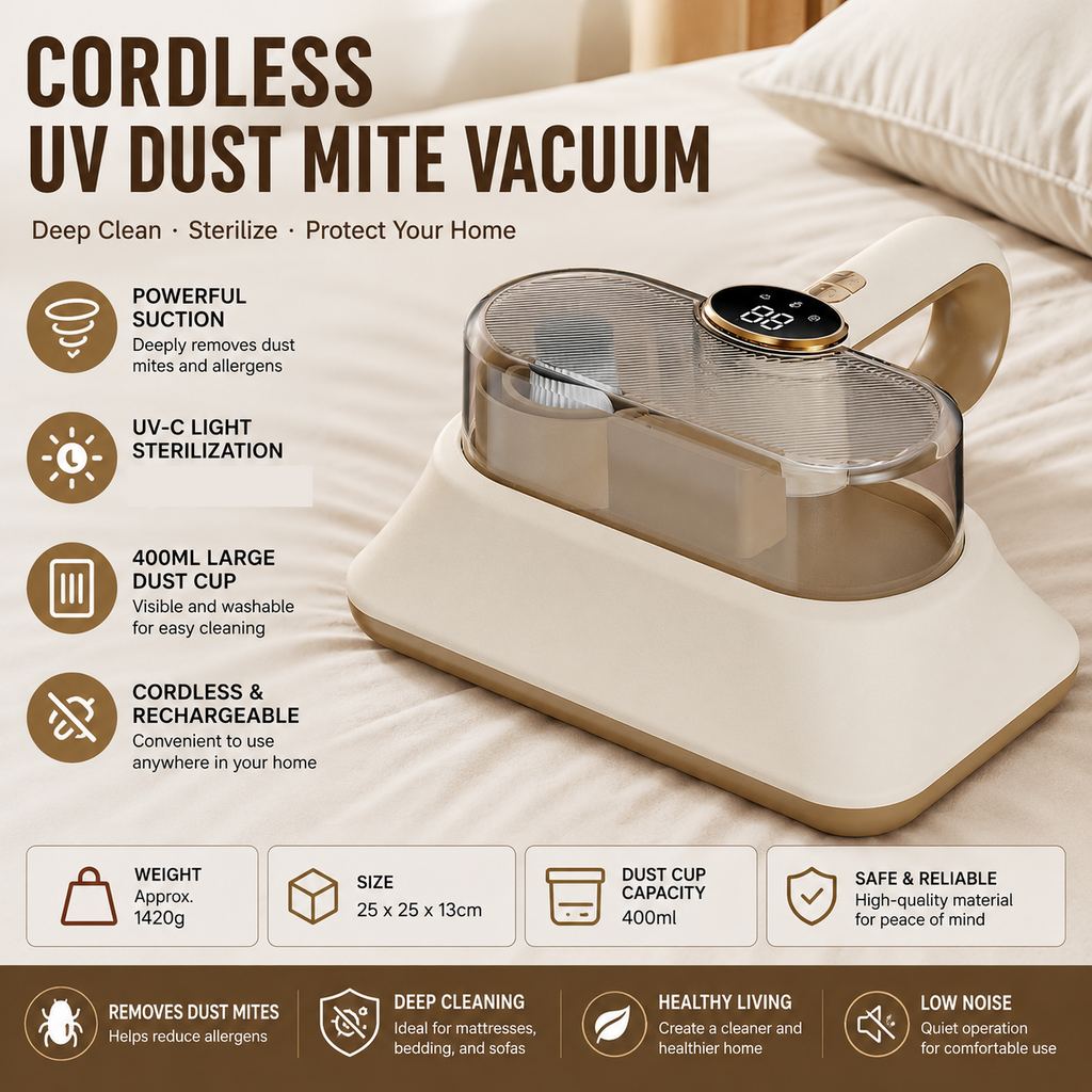 Cordless Dust Mite Remover Vacuum UV Cleaner Bed Mattress Sofa 400ml Kit White
