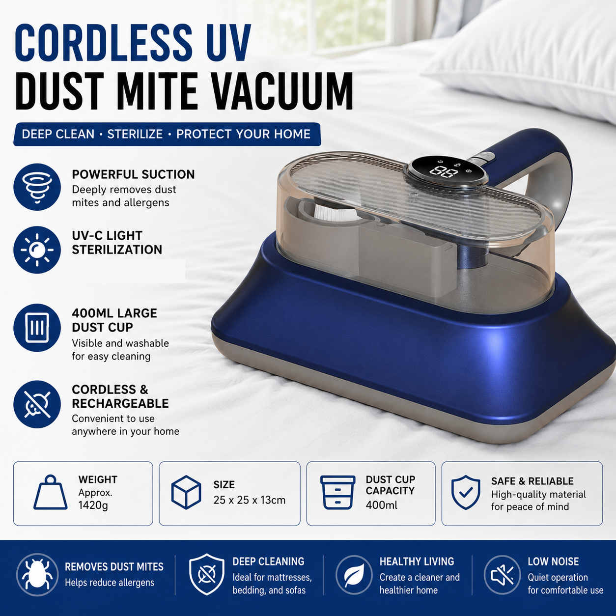 Cordless Dust Mite Remover Vacuum UV Cleaner Bed Mattress Sofa 400ml Kit Blue
